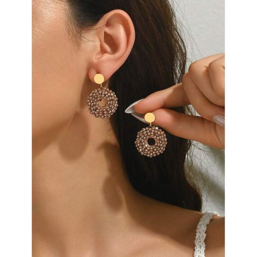 Handmade Hollow Beaded Hoop Earrings, Geometric Round Artificial